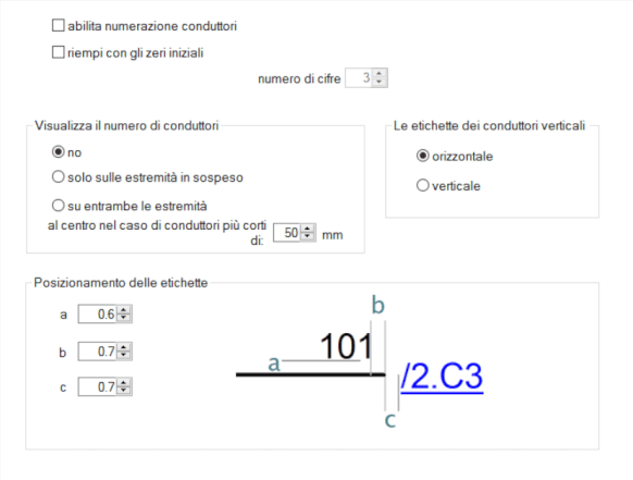 Finestra delle opzioni per la numerazione dei conduttori